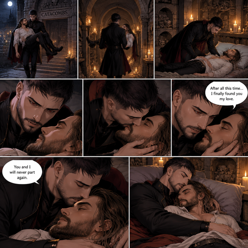 (Vampire Finn Bálor x Reincarnated Seth Rollins part 2) The Person was still walking in the night with the unconscious Seth in his arms. He walked to the catacombs,He entered the catacombs. He puts Seth on a makeshift bed,Then he looks at Seth. He still couldn’t believe that his long lost love had came back to him…Reincarnated. This time…He was determined to protect him. He gently kissed Him,then he gently placed his hand on his cheek. “After all this time…I finally found you my love” The person said softly. “You and I will never part again” The person said softly. The person laid down beside Seth on the bed,Then he gently pulled Seth in his embrace. He gently kissed his forehead