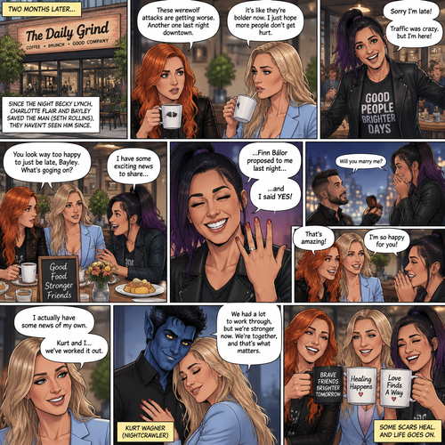 (Part 2 of the Werewolf X human story). It’s been two months since the night Becky Lynch and Her friends Charlotte Flair and Bayley saved the Man (Seth Rollins). They haven’t seen him since. Becky and charlotte were having brunch at a cafe,They were talking about the recent werewolf attacks. Then Bayley showed up late….with a happy grin on her face. She apologized for being late and sat at the table. Then she said she’s has some exciting news to share with the two of them….Finn Bálor proposed to her last night…and she said yes. Becky and Charlotte were happy and excited for Bayley. Then Charlotte said she’s has some news of her own. She and her husband (Kurt Wagner a.k.a nightcrawler) have worked it out
