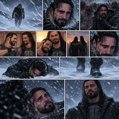 There was a blizzard outside,Seth Rollins was in the middle of it,He had just escaped a horde of zombies hours before.He was shaking because of the cold.He walked around in the blizzard completely lost.His tears streamed down his face.He started having flashbacks about the time before the Zombie Apocalypse began.Eventually….He stopped walking…And fell onto the snow,Then….he heard footsteps walking towards him…and stopped in front of him.He looked up…It was Roman Reigns