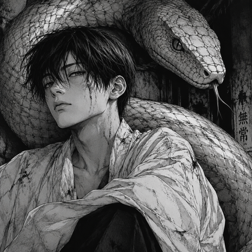 Boy white a snake behind him 