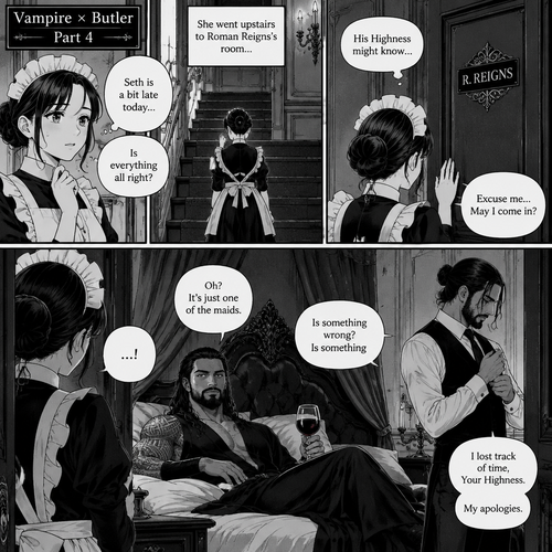 (Part 4 of the Vampire x Butler story). One of the maids was wondering why Seth Rollins (The butler) was a bit late. She went upstairs to Roman Reigns (The vampire)’s room