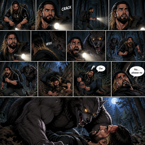 Seth Rollins was lost in the middle of the woods at night,The only this has right now is a backpack and a flashlight.He was about to take a break…then he heard something stepping on a twig.He looked around for the source pointing his flashlight,Then he heard something moving in the woods,He was looking frantically.He was about to give up….then he felt something breathing on him,his heart was beating loudly,He turned around slowly while pointing his flashlight…it was….A werewolf!!.Seth Yelled in fear and ran.The werewolf chased after him,It was gaining on Seth…but he wasn’t about to give up now..so he kept running.Seth was still running….then he tripped and rolled down a steep hill,He sprained his ankle on the way down…and then he hit his head at the bottom of the hill. “Ow” said Seth.He rolled on his back,His head and his ankle were hurting.The werewolf caught up to him. “No…please no” said Seth. The werewolf slowly walked up to him,Then it slowly got on top of him