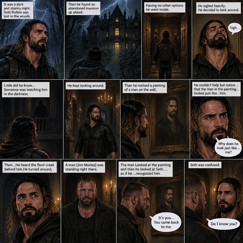 It was a dark and stormy night.Seth Rollins was lost in the woods,Then he found an abandoned mansion up ahead.Having no other options he went inside.He sighed heavily.He decided to look around,Little did he know…Someone was watching him in the darkness.He kept looking around,Then he noticed a painting of a man on the wall,He couldn’t help but notice…that the man in the painting…looked just like…him. “Why does he look just like…me?” Seth asked himself.Then…He heard the floor creak behind him,He turned around,A man (Jon Moxley) was standing right there.The man Looked at the painting and then he looked at Seth…..as if he….recognized him. “It’s you…You came back to me” The man said softly to Seth.Seth was confused. “Do I know you?” Seth asked the man
