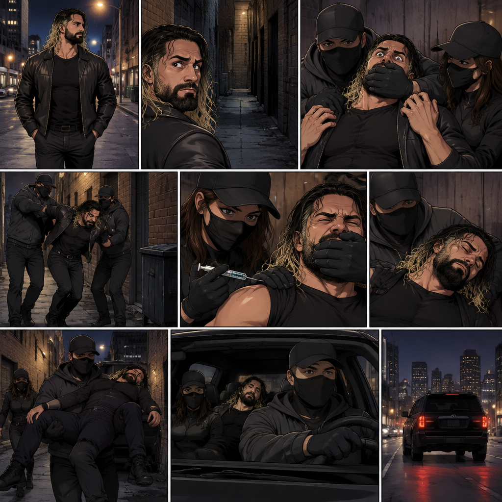 Seth Rollins was walking alone at night,Then…as he walked past an alley…A man and a woman in masks grabbed him.They dragged him to the alleyway,Seth struggled.The masked man covered Seth’s mouth before he could call for help.Seeing that Seth was still struggling The masked woman injected a sedative into his body,despite his best efforts to resist it Seth slowly drifted in unconsciousness.The masked man then carried Seth to his car with the masked Woman following behind,They got in and drove away