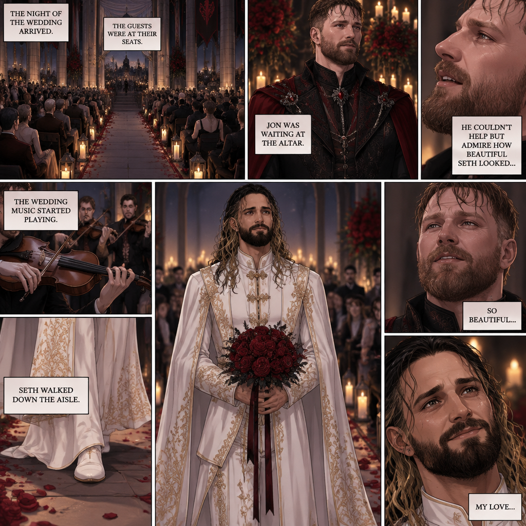 (Recap) Seth Rollins (The vampire hunter turned Bride of the Vampire king) Reunited with his long lost brother Aj Styles,Time skip to 3 days before the wedding,Seth and Jon Moxley (Vampire King) were still preparing,Aj helped out,The night before Aj had told Jon and Seth that he’s a werewolf,Seth and Jon were shocked but were happy that Aj was being honest with them,Seth was on the balcony Looking at the view and Looking nervous about the wedding,Jon appeared behind him checking in on him,“Can’t sleep?” Jon asked,“No” Said Seth,Jon wrapped his arms around him,“What’s on your mind?” Jon asked,”I’m just very nervous about our wedding,Don’t get me wrong I want to marry you…It’s just….what if I mess up? What if people don’t like me?…what if…..I’m not enough….for you?” Said Seth,”Look at me my love” Jon said softly,Seth looked up at him,”You’re not gonna mess up,I’ll be right with you,If people don’t like you they’ll have to deal with me,You ARE enough for me,You’re the only one I want,The ONLY one i love,You’re mine..and I’m yours,For eternity” Jon said softly,Seth’s heart fluttered,Jon kissed him softly,”I love you” Jon said Softly,”I love you too” Seth said softly,They kissed again. (And now part 9) The night of the wedding arrived,The guests were at their seats. Jon was waiting at the altar. The wedding music started playing. Seth walked down the aisle. Jon couldn’t help but admire how beautiful Seth looked