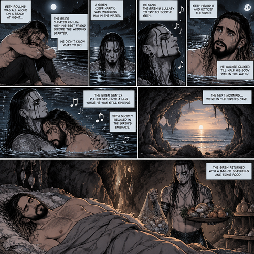 (Recap) Seth Rollins was all alone on a beach at night Crying because the bride cheated on him with his best friend before the wedding started,he didn’t know what to do,A siren (Jeff Hardy) was watching him in the water,he sings the siren’s lullaby to try to soothe Seth,Seth heard it and noticed the siren,he walked closer till half his body was in the water,The siren gently pulled Seth into a hug while he was still singing,Seth slowly relaxed in the siren’s embrace. (And now part 2). The next morning,We’re in the Siren’s cave,Seth was asleep in some sort of makeshift bed. The siren returned with a bag of seashells and some food