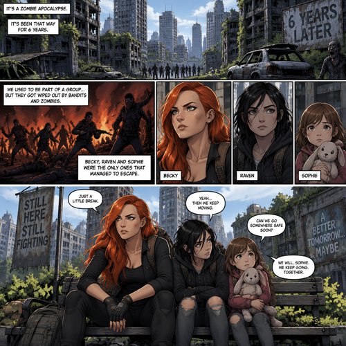 It’s a zombie apocalypse,It’s been that way for 6 years,Becky lynch is surviving with two people,A teenager named Raven and a little girl named Sophie. They used to be part of a group…but they got wiped out by Bandits and Zombies,Becky,Raven and Sophie were the only ones that managed to escape. They’re currently walking in the city. They sat down on a bench to take a break