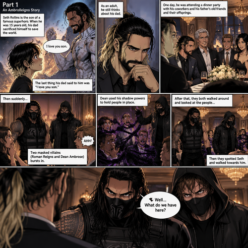 (Part 1 of an Ambrolleigns story) Seth Rollins is the son of a famous superhero. When he was 15 years old his sad sacrificed himself to save the world,the last this his dad said to him was “I love you son”. As an adult he still thinks about his dad. One day He was attending a dinner party with his coworkers and his father’s old friends and their offsprings,Then suddenly….Two masked villains (Roman Reigns and Dean Ambrose) bursts in. Some people screamed and the retired superhero’s and their offspring prepared to attack the masked villains. Then Dean used his shadow powers to hold people In place. After that they both walked around and Looked at the people,Then they spotted Seth and walked towards him. “Well…What do we have here?” Roman asked 