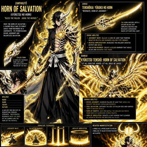 golden Reiatsu and skull-like armor fused with horn of salvation turned into a zonpoctō with shikai and bankai explained