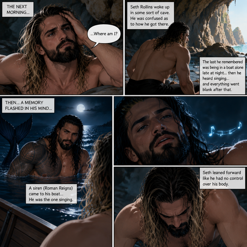 (Part 2 of the siren x human story). The next morning Seth Rollins woke up in some sort of cave,He was confused as to how he got there.The last he remembered was being in a boat alone late at night…then he heard singing…and everything went blank after that,Then….A memory flashed in his mind….A siren (Roman Reigns) came to his boat…he was the one singing. Seth leaned forward like he had no control over his body
