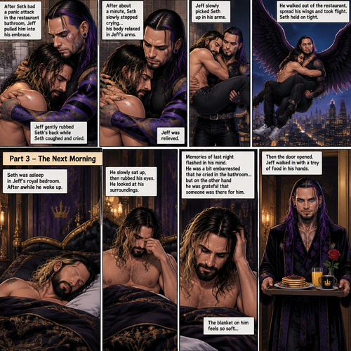 (Recap) Jeff Hardy (The dark angel king) was comforting Seth Rollins in the men’s bathroom of a fancy restaurant after Seth had a panic attack after flashbacks about his childhood and his abusive father,Jeff gently pulled Seth into his embrace,He gently rubbed Seth’s back to try to soothe him while Seth was coughing and crying,After about a minute Seth slowly stopped crying and his body relaxed in Seth’s arms,Jeff was relieved,Jeff slowly picked Seth up in his arms,he walked out of the restaurant,spread his wings and took flight,Seth held on tight. (And now part 3). The next morning,Seth was asleep in Jeff’s royal bedroom,After awhile he  woke up. He slowly sat up,then he rubbed his eyes. He looked at his surroundings,Then memories of last night flashed in his mind. He was a bit embarrassed that he cried in the bathroom…but on the other hand he was grateful that someone was there for him. The blanket on him feels so soft,Then the door opened,Jeff walked in with a trey of food in his hands