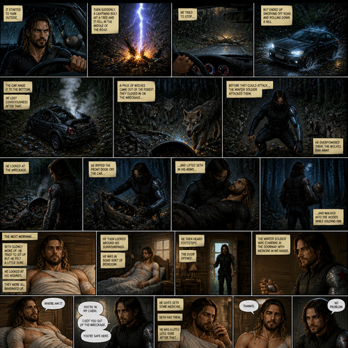 Seth Rollins was driving in his car,It started to rain outside.Then suddenly a lightning bolt hit a tree and it fell in the middle of the road.He Tried to stop…But ended up swerving off road and rolling down a hill.The car made it to the bottom,He lost consciousness after that.A pack of wolves came out of the forest,They closed in on the wreckage,Before they could attack…the winter soldier attacked them.He overpowered them,The wolves ran away.He looked at the wreckage,He walked towards it,He Sees Seth in the front seat,He ripped the front door off the car and lifted Seth in his arms and walked into the woods while holding him.The next morning,Seth slowly woke up,He tried to sit up but he felt a little sore.He looked at his wounds,They were all bandaged up.He then looked around his surroundings,He was In some sort of bedroom.He then heard footsteps,The door opened,The winter soldier was standing in the doorway with medicine in his hands.He walked over to Seth and sat down next to him on the bed. “Where am I?” Seth asked weakly. The winter soldier took off his mask. “You’re in my cabin,I got you out of the wreckage,You’re safe here” Said the winter soldier.He gives Seth some medicine.Seth had them,He was a little less sore after that. “Thanks” Seth said softly. “No problem” Said The Winter soldier
