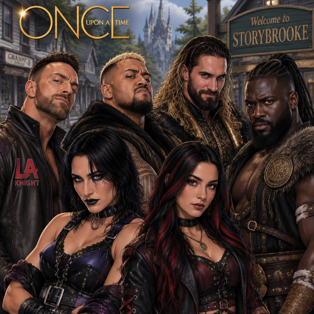 LA Knight,Solo Sikoa,Seth Rollins,Oba Femi,Rhea Ripley and Ari Stone (My wrestler oc) in Once upon a time (Tv show)