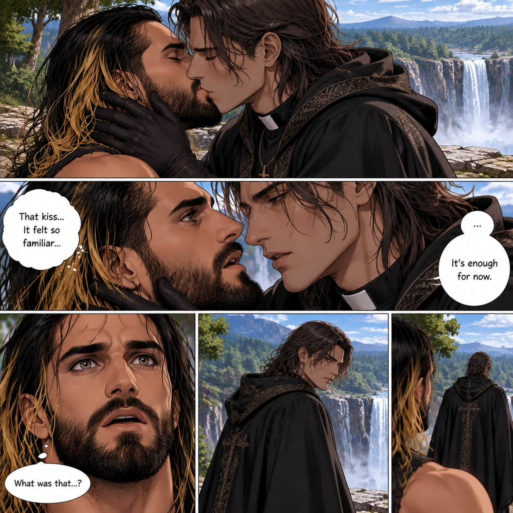 Part 5. Still at the cliff near the forest clearing with the waterfall view. The mysterious man (Damien priest) was kissing Seth Rollins. Seth felt like there was something familiar about the kiss. The man then pulled away
