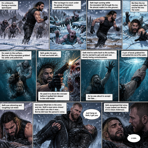 It’s a blizzard…During a monster apocalypse. Seth Rollins was on the run from a group of monsters. He ended up on ice over a frozen lake. The ice began to crack under the group of monsters combined weight. Seth kept running while the monsters fell through the ice and ended up in the water. He almost made it to the ground….But then the ice cracked under him and he fell into the water. He swam to the surface…but one of the monsters grabbed his ankle and pulled him. Seth grabs his gun…it had one bullet left…He used it to shoot the monster before it pulled him deeper in the cold water. Seth tried to swim back to the surface…But he started to get cold and was slowly losing consciousness. As he was about to accept his fate….A pair of hands grabbed him and pulled him out of the water. Seth was shivering and coughing out water. Someone lifted him in his arms and ran. Seth’s eyes were closed so he didn’t see who it was…But he did hear the person’s voice. “Just hang on Seth,I got you” Said ????. Seth recognized that voice. He spoke while was shaking from the cold “J-Jon”. It was indeed Jon Moxley (F.K.A Dean Ambrose)