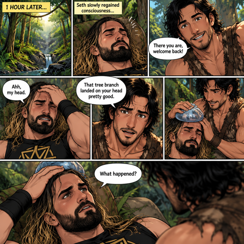 (Recap!) Seth Rollins was in a jungle with a group,Then jaguars appeared,he ran,he tripped and fell. A wild man (Markiplier) jumped in and saved him,A tree branch fell on Seth’s head and he got dizzy and passed out. After the wild man fended off the jaguars he lifted Seth in his arms and walked in the woods. (All caught up? Good! Now onto part 2!). 1 hour had passed,Seth slowly regained consciousness. The wild man was looking down at Him. “There you are,welcome back!” Said the wild man. Seth groaned a little,he puts his hand on his head. “Ahh,my head” said Seth. “That tree branch landed on your head pretty good” Said the wild man. The wild man gently put some ice on Seth’s head. “What happened?” Asked Seth
