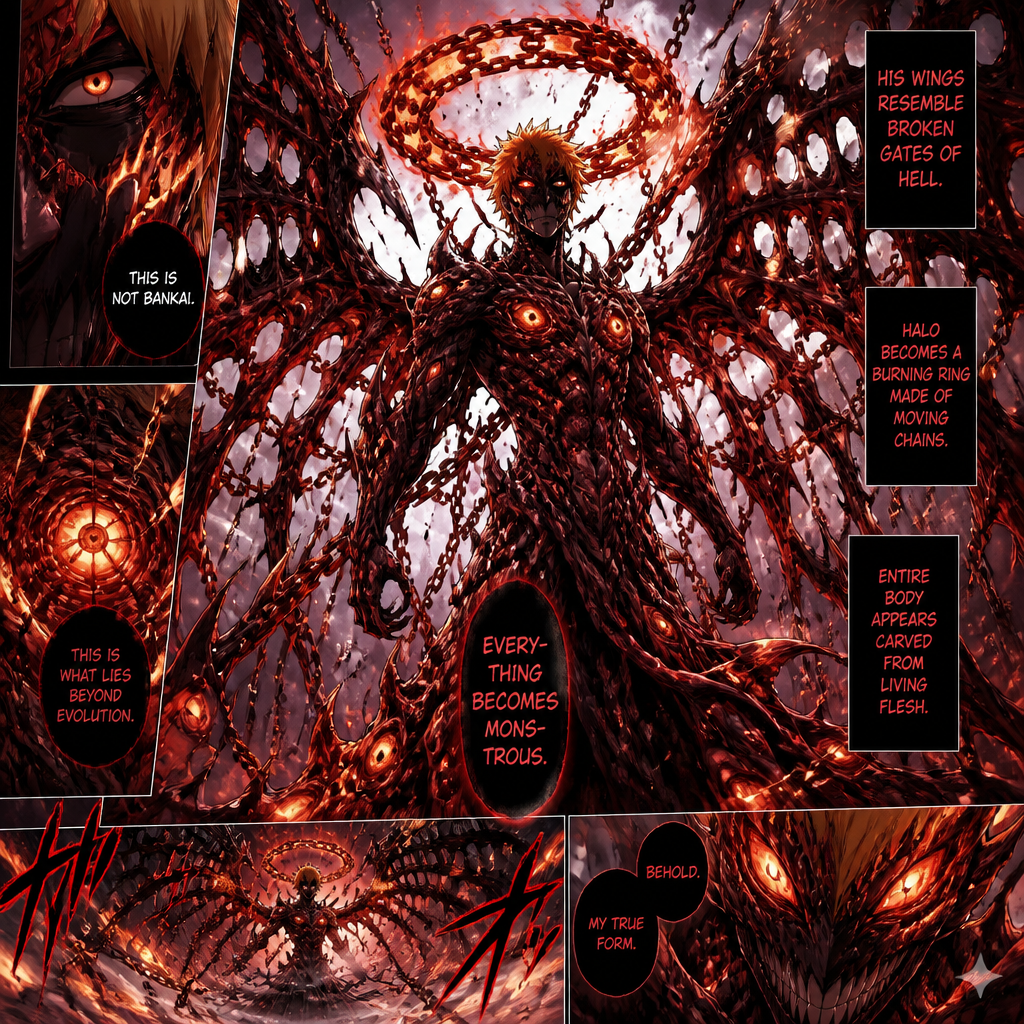 Bleach anime.Segunda Etapa:
Everything becomes monstrous.
His wings resemble broken Gates of Hell.
Halo becomes a burning ring made of moving chains.
Entire body appears carved from living