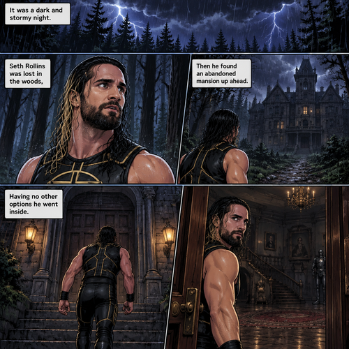 It was a dark and stormy night.Seth Rollins was lost in the woods,Then he found an abandoned mansion up ahead.Having no other options he went inside