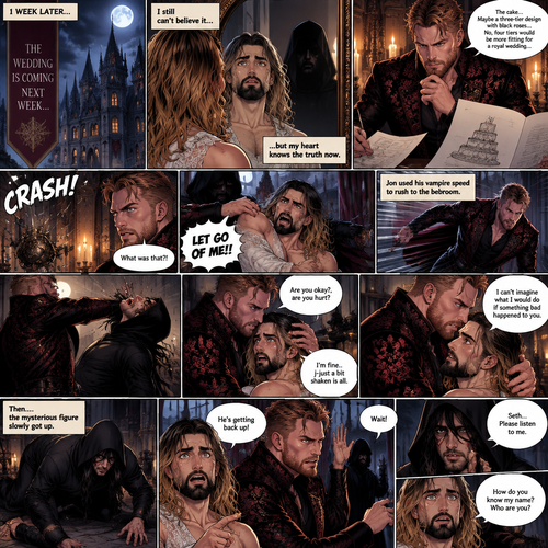 (Recap)Jon Moxley (The vampire king) and Seth Rollins (The vampire hunter…well now The bride Of Jon Moxley) were at the royal feast,Seth was stunned because Jon announced that Seth was his bride,Jon also said that the wedding would take place in 2 weeks,Seth just sat there stunned,Jon sat down and wrapped his arm around Seth and pulled him close,He gently kissed Seth’s forehead,Seth’s heart fluttered,Jon heard it and said “you’re cute,My little hunter”. (And now part 6). 1 week had passed,the wedding was coming up next week. Seth still couldn’t believe it…but his heart knows the truth now. Jon was handling the preparations for the wedding. Seth was looking in the mirror…then he saw a shadowy figure in the reflection…someone was right behind him. Jon was trying to figure out some details for the wedding cake….Then he heard a loud crashing noise coming from the bedroom,Then he heard Seth yelling “LET GO OF ME!!”. Jon used his vampire speed to rush to the bedroom. The mysterious figure was trying to drag Seth out the window. Seth was struggling to get himself free. Jon arrived just in time,He attacked the mysterious figure. Once the mysterious figure was knocked out Jon rushed over to Seth. “Are you okay?,are you hurt?” Jon asked “I’m fine..j-just a bit shaken is all” said Seth. Jon gently held Seth. “I can’t imagine what I would do if something bad happened to you” Said Jon. Then….the mysterious figure slowly got up. Seth noticed. “He’s getting back up!” Seth said to Jon. Jon prepared to fight the mysterious figure. “Wait!” Said the mysterious figure. The mysterious figure looked at Seth. “Seth…Please listen to me” said the mysterious figure. Seth was confused. “How do you know my name? Who are you?” Seth asked