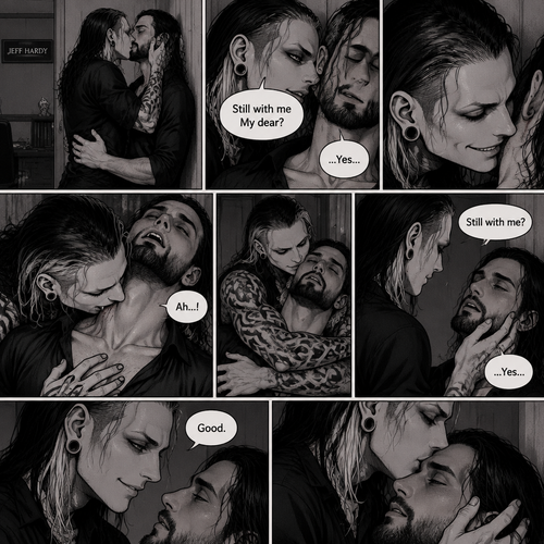 (Part 4 of the Vampire x human story). Still in Jeff Hardy’s office. Jeff was still Kissing Seth Rollins against the wall. After about a minute,Jeff pulled away. Jeff whispered in Seth’s ear “Still with me My dear?” Jeff asked softly. “…Yes…” Seth said softly. Jeff grinned. He leaned forward to Seth’s neck. Seth’s heart was racing. Jeff placed his hand on Seth’s chest to feel his heartbeat again. Seth gasped softly. Jeff gently pierced his fangs into Seth’s neck. Seth yelped softly. Jeff wrapped his arms around Seth. After awhile Jeff removed his fangs from Seth’s neck. Seth was breathing softly. Jeff gently placed his hand on Seth’s cheek. “Still with me?” Jeff asked softly. Seth looked up at Jeff while trying to keep his eyes open. “…Yes…” Seth said softly. Jeff smiled. “Good” Jeff said softly. Jeff gently kissed Seth’s forehead