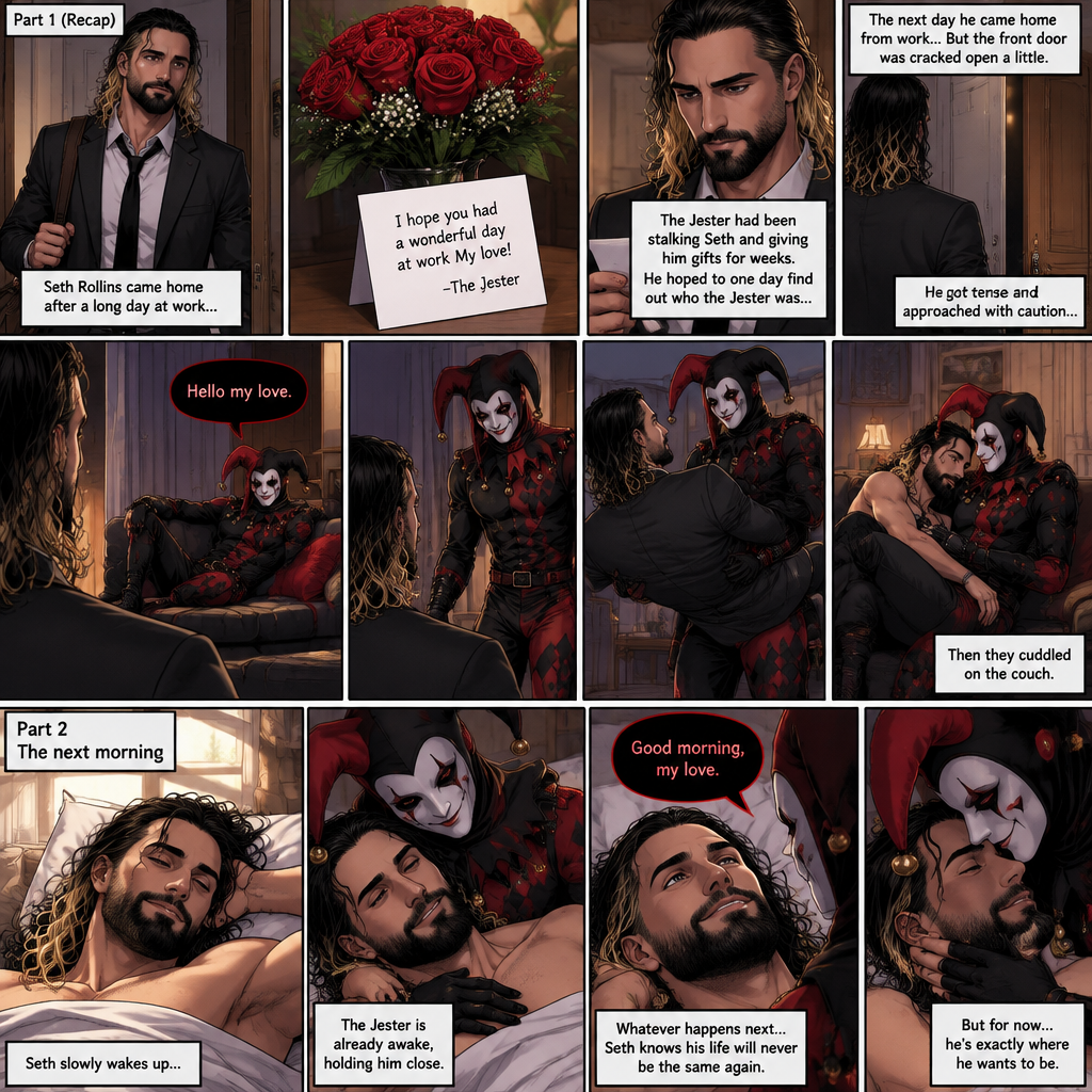 (Recap) Seth Rollins came home after a long day at work,a bouquet of roses were on the table,There’s a card that says “I hope you had a wonderful day at work My love! -The Jester”,The jester had been stalking Seth and giving him gifts for weeks,he hoped to one day find out who the Jester was,the next day he came home from work…But the front door was cracked open a little,he got tense and approached with caution,then he heard a voice coming from the living room “Hello my love”,The Jester was sitting on Seth’s couch,The Jester got up,he slowly walked towards Seth,He lifted Seth in his arms,He walked back to the couch and sat down putting Seth on his lap,Then they cuddled on the couch. (And now part 2). The next morning