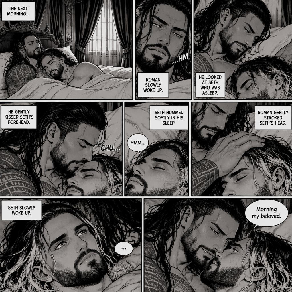 (Part 3 of the Vampire x Butler story). The next morning,Roman Reigns (Vampire) and Seth Rollins (Butler) were still asleep in Roman’s room. Roman slowly woke up. He looked at Seth who was asleep. He gently kissed Seth’s forehead. Seth hummed softly in his sleep. Roman gently stroked Seth’s head. Seth slowly woke up. “Morning my beloved” Roman said softly