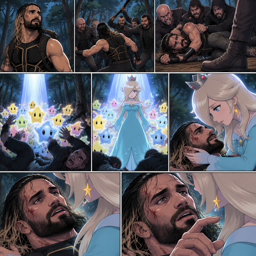 (Part 2 of the Seth Rollins x Princess Rosalina story). It had been two months since that night. Seth hadn’t seen Luma since. He was walking in the woods completely lost. Then suddenly….he attacked by a group of bad guys. He fought them off as best as he could…but eventually he got overpowered. Just before one of them got the chance to finish him off…a beam landed on the ground…and out came an army of Lumas. They attacked the bad guys. Another beam landed…and out came Princess Rosalina herself. She walked towards the injured Seth. She gently held him. Seth tried to speak