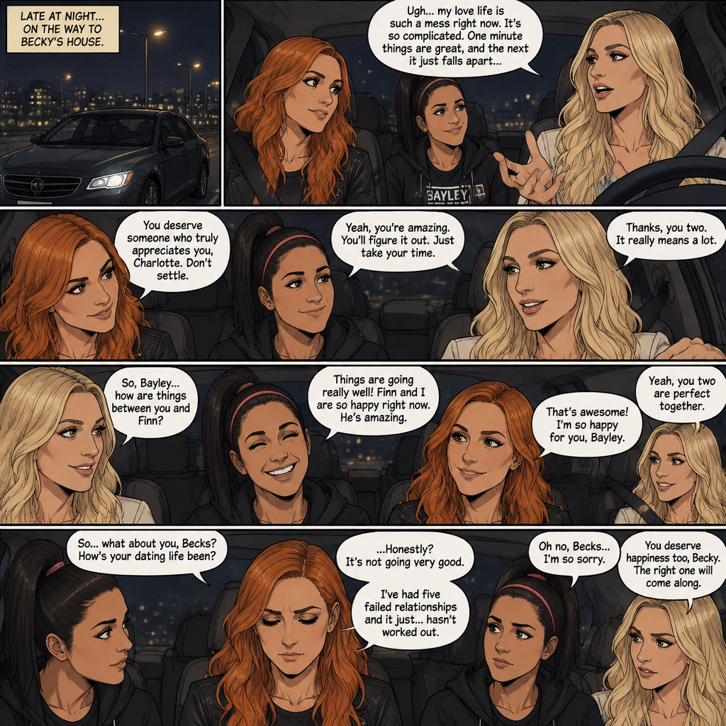 It was late at night,Becky Lynch Was in a car with Charlotte Flair and Bayley. They were driving to Becky’s house. Charlotte was talking about her complicated love life. Becky and Bayley were giving her words of comfort and support. Charlotte then asked Bayley how things were between her and Finn Bálor (They’re dating in this story). Bayley said things were going very well between the two of them. Becky and Charlotte were both happy to hear that. Bayley then looked at Becky and asked How HER dating life had been. Becky got a sad look on her face as she admitted that her dating life wasn’t doing very good,She had Five failed relationships