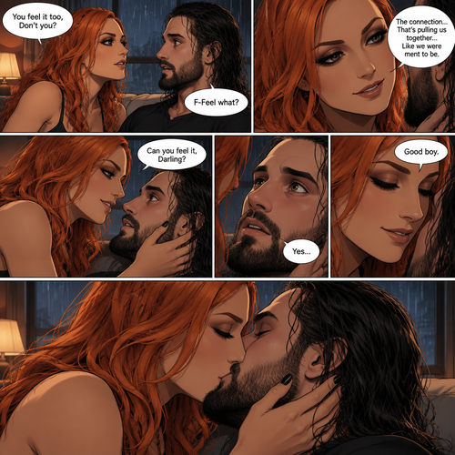 Part 2.The setting is still at Seth Rollins’s house,It’s still raining outside.”You feel it too,Don’t you” Asked Becky Lynch. “F-Feel what?” Asked Seth Rollins nervously.Becky gets closer to Seth. “The connection…That’s pulling us together…Like we were ment to be” Becky said softly.Seth’s heart fluttered.Becky can hear it,She gently puts her hand on his cheek and leaned towards him. “Can you feel it,Darling?” Becky Asked Softly.Something about her voice made Seth unable to resist her. “Yes” Seth whispers. “Good boy” Becky whispers.Their lips connect softly