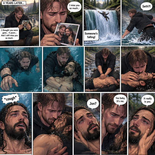 (Recap) Still in the zombie apocalypse. (This was Jon Moxley’s POV). Jon sat on a log near the river alone looking sad,He was looking at a romantic photo of him and Seth Rollins before the apocalypse began,He thought Seth died the day of the apocalypse started 4 years ago,He gently kissed the photo and said he misses Seth So much,He saw someone fall down the waterfall,he jumped in the water,As he swam he got a better look at the person,It turned out to be Seth,He swam faster and got him,He was to shore and Gently placed Seth’s down,He did CPR and mouth to mouth on Seth,When all hope seemed lost Seth coughed out water,Jon gently held Seth with tears of joy streaming down his face,Seth slowly opened his eyes,”Jon?” Seth asked weakly. (And now part 4). Jon gently placed his hand on Seth’s cheek. “Yes baby,It’s me” Jon said Softly. Seth gently placed his hand on Jon’s cheek to see if it’s really him,Tears streamed down his face. “It really is you” Seth said through his tears