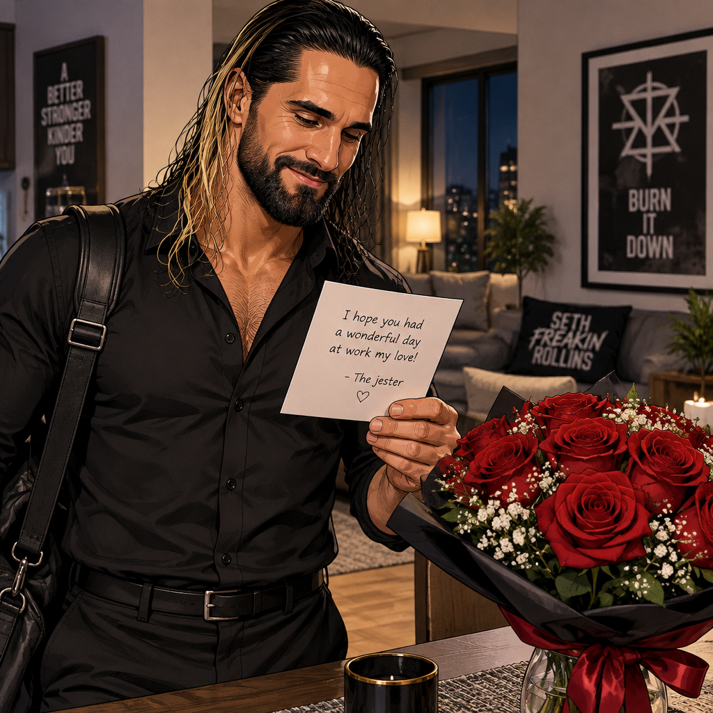 Seth Rollins came home after a long day,He discovered a bouquet of roses on his table. He reads the card,it says “I hope you had a wonderful day at work my love!-The jester”