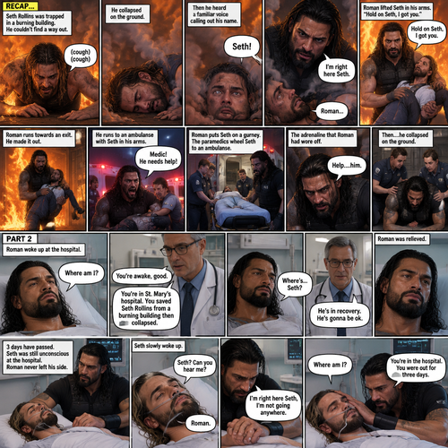 (Recap) Seth Rollins was trapped in a burning building,he couldn’t find a way out,he coughed because of the smoke,he collapsed on the ground,then he heard a familiar voice calling out his name,He opened his eyes,it was Roman Reigns,Seth weakly called out Roman’s name,Roman Rushed over to Seth,”I’m right here Seth” said Roman,he lifted Seth in his arms,”Hold on Seth,I got you” Roman said to Seth”,Roman runs towards an exit,he made it out,He runs to an ambulance with Seth in his arms,”Medic! He needs help!” Roman yelled,he puts Seth on a gurney,the paramedics wheel Seth to an ambulance,the adrenaline that Roman had wore off,”Help….him” said Roman,then….he collapsed on the ground,another team of paramedics rushed to Roman. (And now part 2). Roman woke up at the hospital. A doctor walked in. “You’re awake,good” said the doctor. “Where am I?” Roman asked. “You’re in st. Mary’s hospital,You Saved Seth Rollins from a burning building then collapsed” said the doctor. “Where’s…Seth?” Roman asked. “He’s in recovery,He’s gonna be ok” said the doctor. Roman was relieved. 3 days have passed,Seth was still unconscious at the hospital. Roman never left his side. Seth slowly woke up. “Seth? Can you hear me?” Roman asked softly. Seth spoke weakly “Roman”. Roman gently held Seth’s hand. “I’m right here Seth,I’m not going anywhere” Roman said softly. “Where am I?” Seth asked weakly. Roman gently stroked Seth’s head. “You’re in the hospital,You were out for three days” Roman said Softly