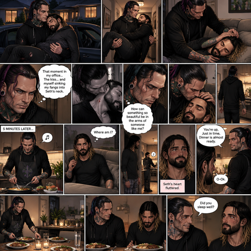 (Part 5 of the Vampire x human story) Jeff Hardy arrives at his house. He walks to the passenger side and gently lifts the sleeping Seth Rollins in his arms. He walks inside,Then he gently put Seth on his couch. He gently stroked Seth’s hair. Then he thought about that moment in Jeff’s office,The kiss and himself sinking his fangs into Seth’s neck. “How can something so beautiful be in the arms of someone like me?” Jeff asked himself. He gently kissed Seth’s forehead,Then he got up and walked to the kitchen. 5 minutes later,Jeff was making dinner and humming a tune. Meanwhile,Seth slowly woke up,He sat up and looked at his surroundings. “Where am I?” Seth asked himself,Then he heard Jeff humming. He got up and slowly walked to the kitchen. He sees Jeff humming and cooking. Seth’s heart fluttered. Then Jeff noticed Seth. “You’re up,Just in time,Dinner is almost ready” Said Jeff. “O-Ok” Seth said nervously. Seth walked to the table and sat down. Jeff finished cooking dinner. He put the food on the table and sat beside Seth. “Did you sleep well?” Jeff asked