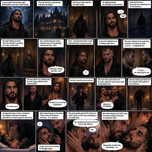 It was a dark and stormy night.Seth Rollins was lost in the woods,Then he found an abandoned mansion up ahead.Having no other options he went inside.He sighed heavily.He decided to look around,Little did he know…Someone was watching him in the darkness.He kept looking around,Then he noticed a painting of a man on the wall,He couldn’t help but notice…that the man in the painting…looked just like…him. “Why does he look just like…me?” Seth asked himself.Then…He heard the floor creak behind him,He turned around,A man (Jon Moxley) was standing right there.The man Looked at the painting and then he looked at Seth…..as if he….recognized him. “It’s you…You came back to me” The man said softly to Seth.Seth was confused. “Do I know you?” Seth asked.The man didn’t say anything else,He just simply walked slowly towards Seth.Seth got nervous and walked backwards slowly. “Wh-What are you doing?” Asked Seth. “G-Get back!” Said Seth.He then turned around and ran.The man then used some sort of super speed to catch up to Seth and grabbed him. “What the-?” Asked Seth. He struggled. “LET ME GO!!” Seth shouted.The man simply put Seth over his shoulder and walked to the staircase,Seth kept struggling…but it was no use.The man walked down the hallway,He opened a door,It was a bedroom,He walked to the bed and gently put Seth on it,then he got on top of him.The man Smiled,Seth noticed fangs on his teeth,That’s when he realized…the man…is a vampire,He got scared and started to struggle again.The man gently placed his hands on Seth’s face as if he was attempting to soothe him.He softly shushed him. “I’m not going to hurt you my love,You’re safe with me” The man said softly.He looked deeply into Seth’s eyes,He used Vampiric hypnosis to hypnotize Seth.Seth slowly relaxed under the hypnosis. “Remember me My love,Remember…us” The man whispered.