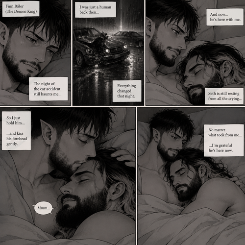(Part 5 of the Demon King x human story) Finn Bálor (The demon king) and Seth Rollins were still relaxing in bed. Finn thought about the night of the car accident (Back when he was a human). He looked at Seth who was still resting from all the crying. He gently kissed Seth’s forehead. Seth hummed softly