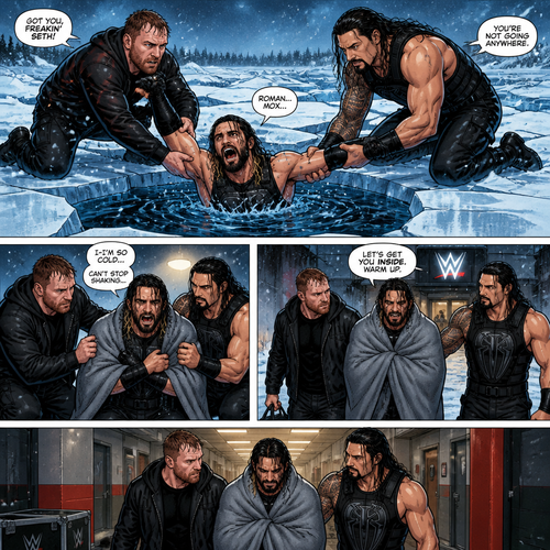 WWE superstar Seth Rollins Getting Rescued by Jon Moxley And Roman Reigns after falling through ice.They pull him out.After they pull him out Seth starts shaking due to being cold.After they wrapped him in a warm blanket they head inside