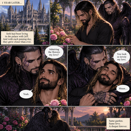 (Part 4 of the dark angel X human story). 1 year had passed,Jeff Hardy (The dark angel king) and Seth Rollins are more closer than ever. Seth had been living in the palace with Jeff. One day Seth was in the garden. Jeff walked behind him. “Admiring the flowers my love?” Jeff asked. Seth smiled softly. “Yeah” Seth said softly. Jeff gently pulled Seth in his embrace. “You look so lovely my love” Jeff said softly. Seth hummed softly