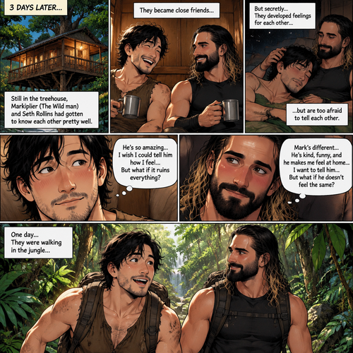 (part 3). 3 days later,Still in the treehouse,Markiplier (The Wild man) and Seth Rollins had gotten to know each other pretty well. They became close friends…But secretly…they developed feelings for each other but are too afraid to tell each other. One day They were walking in the jungle