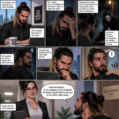 Seth Rollins was working at an office building. He’s usually focused on his work,But…today….he’s a bit shaken up and wasn’t able to sleep last night. Because last night….on his way home from the grocery store…he heard a scream from an alleyway. He looked…He saw….a Vampire. He recognized the vampire…it was Jeff Hardy…his boss. Seth quietly ran home hoping Jeff didn’t see him. He had been thinking about that night all day. He was snapped out of his thoughts when someone tapped him on the shoulder,It was Jessica Jeff’s assistant. “Hello Mr.Rollins,If you happen to be available Mr.Hardy would like to see you in his office right away” said Jessica