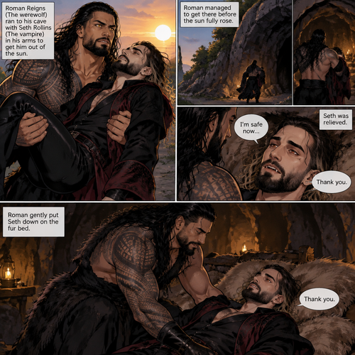 (Part 2 of the Werewolf x vampire story). Roman Reigns (The werewolf) was running to his cave with Seth Rollins (The vampire) in his arms to get him out of the sun. Roman managed to get there before the sun fully rose. Seth was relieved. Roman gently put Seth down on the fur bed. “Thank you” Seth said softly