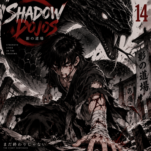 A boy with a giant black snake behind him for a cover volume 14 and is in a battle and looks hurt but looks intimidating of shadow dojos 