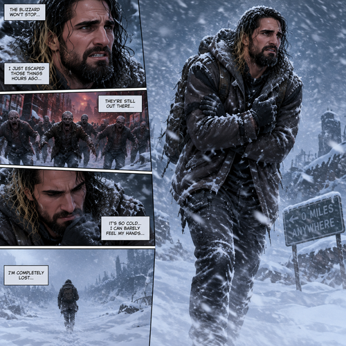 There was a blizzard outside,Seth Rollins was in the middle of it,He had just escaped a horde of zombies hours before.He was shaking because of the cold.He walked around in the blizzard completely lost