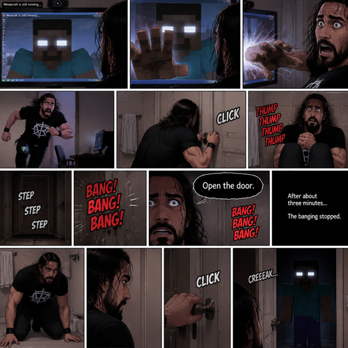 (part 2) Minecraft is still running. Herobrine still stared at Seth Rollins through the webcam. Seth was still paralyzed from fear. Herobrine put his hand on the screen…it went through. Seth ran out of the room in fear and locked himself in the bathroom. For a while nothing happened…then there were footsteps outside the door. Seth’s heart was pounding. Then…..something banged on the door. Seth scrambled away from the door in fear. Then a voice spoke from the door “Open the door”. Seth was too scared to move. The banging on the door continued. After about three minutes,The banging stopped. Seth slowly stood up,Then he slowly walked to the door. He unlocked the door and slowly opened it