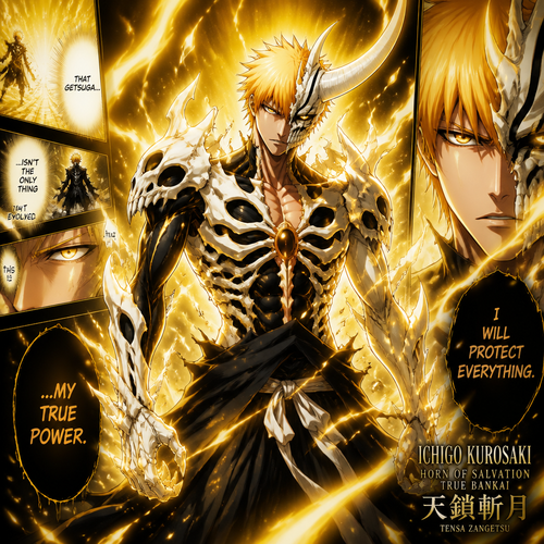  Ichigo in golden Reiatsu and skull-like armor fused with horn of salvation form 