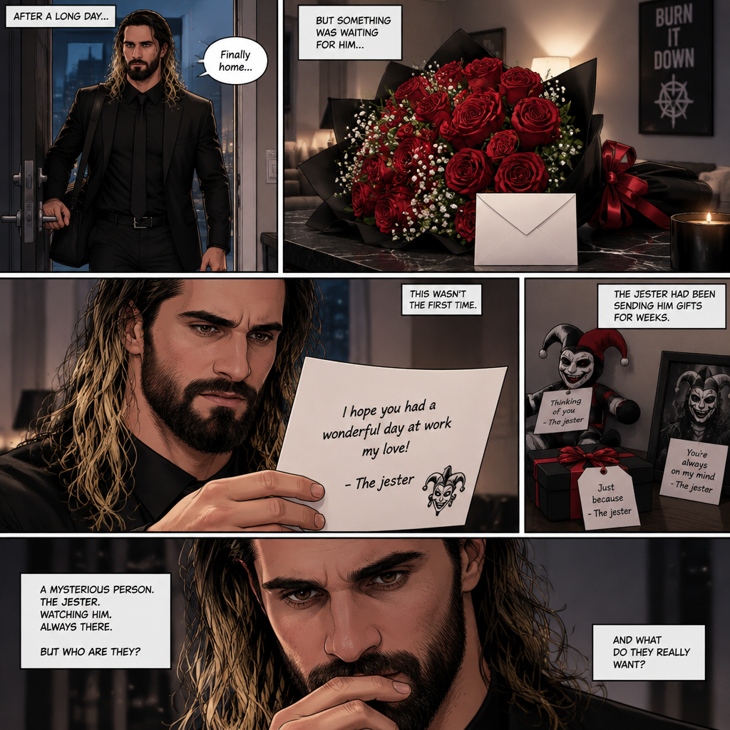 Seth Rollins came home after a long day,He discovered a bouquet of roses on his table. He reads the card,it says “I hope you had a wonderful day at work my love!-The jester”. This wasn’t the first time he received a gift like this. A mysterious person known as the Jester had been stalking him and sending him gifts for weeks