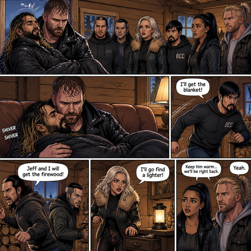 (The monster apocalypse/Moxollins story part 2) Jon Moxley made it out of the blizzard and into a cabin With the Cold and barely conscious Seth Rollins in his arms. His group of survivors (Matt and Jeff Hardy,Toni Storm,Wheeler Yuta,Indi Hartwell and Nic Nemeth) were there too. Jon Sat down on the couch and held Seth. “I’ll get the blanket!” Said wheeler,Then he ran to find a blanket. “Jeff and I will get the firewood” Said Matt,Then Matt and Jeff ran to find firewood. “I’ll go find a lighter” Said Toni,Then she ran to find a lighter. Seth was shivering due to the cold.