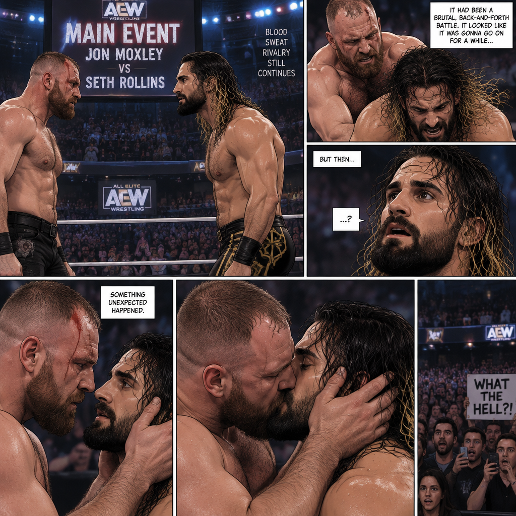 Jon Moxley and Seth Rollins are in a match against each other. It’s the main event. It seems like it was gonna go on for a while…but then….something unexpected happened. Jon…cupped his hands on Seth’s face…pulled him in….and kissed him