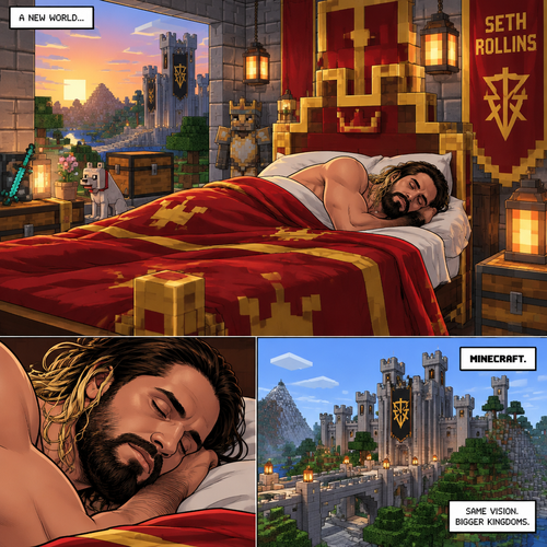 (Part 3) we’re now in the world of Minecraft. Seth Rollins was asleep in some sort of royal bed
