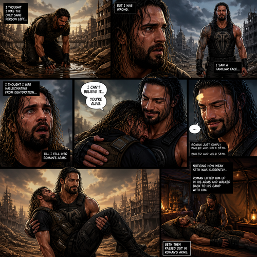 WWE superstar Seth Rollins in a post apocalyptic world trying to survive.He thought he was the only sane person left…. But he was wrong.One while was looking for water….He saw a familiar face…it was Roman Reigns.He thought he was hallucinating from dehydration…Till he fell into Roman’s arms.He realized…Roman was actually here.”I can’t believe it….you’re alive” Said Seth.Roman just simply smiled and Held Seth.Noticing how weak Seth was currently Roman lifted him up in his arms and walked back to his camp with him.Seth then passed out in Roman’s Arms