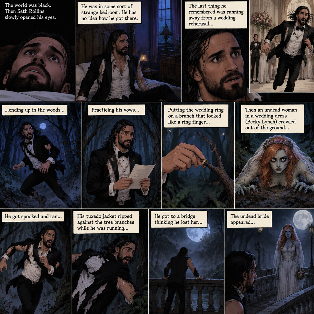 (Part 2 of the corpse bride,Seth x Becky style). The world was black. Then Seth Rollins slowly opened his eyes,He was in some sort of strange bedroom. He has no idea how he got there. The last thing he remembered was running away from a wedding rehearsal,ending up in the woods,Practicing his vows,Putting the wedding ring on a branch that looked like a ring finger,Then an undead woman in a wedding dress (Becky Lynch) crawled out of the ground,He got spooked and ran,His tuxedo jacket ripped against the tree branches while he was running,He got to a bridge thinking he lost her,The undead bride appeared